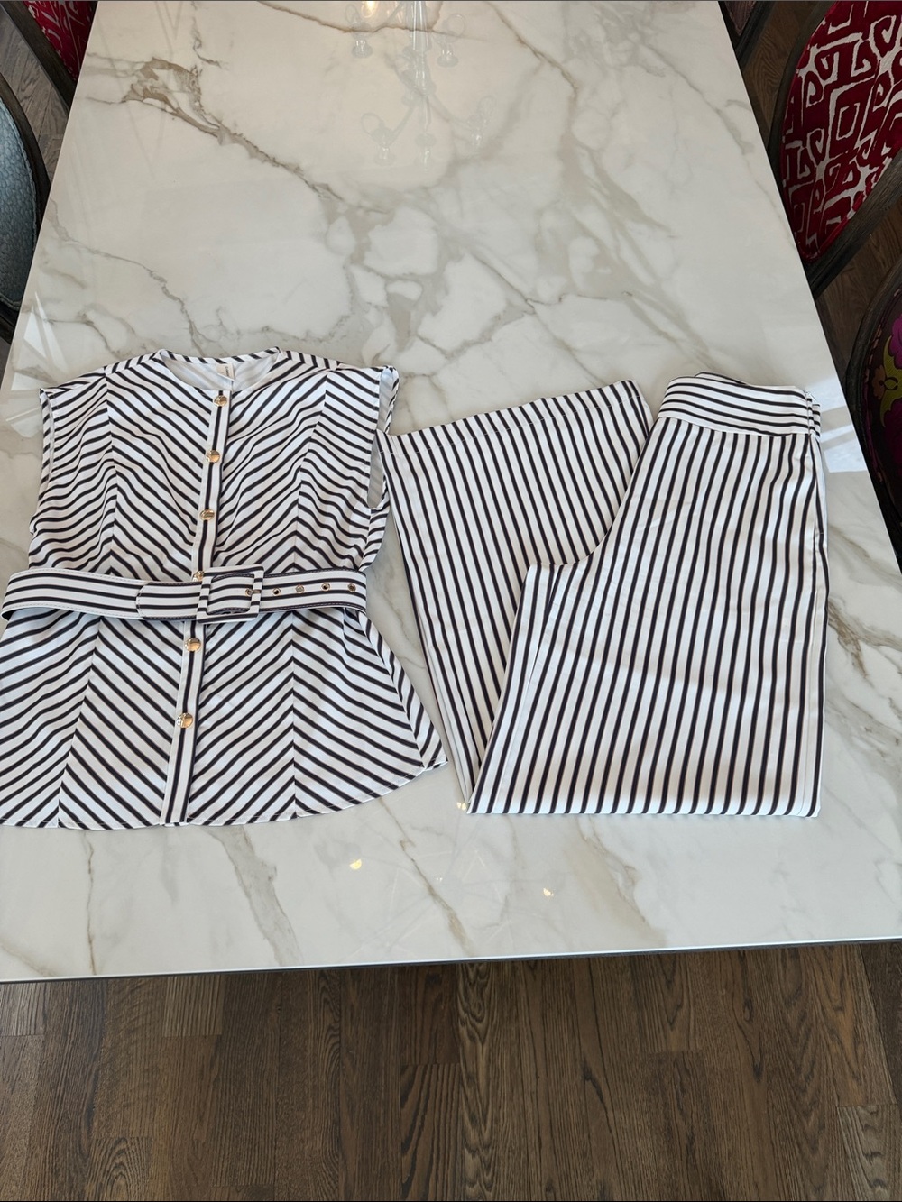 Striped Two-Piece Set with Gold Button Accents - Black & White - Picture 2 of 4